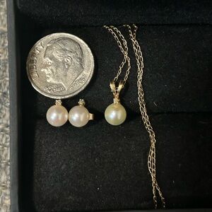 14k solid gold set 17” neclace + earrings with pearls& diamonds